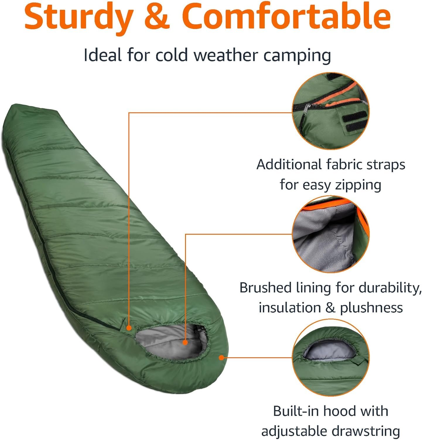 Sleeping Bag for Adults, Mummy Style, Cold Weather, Olive Green - Image 2