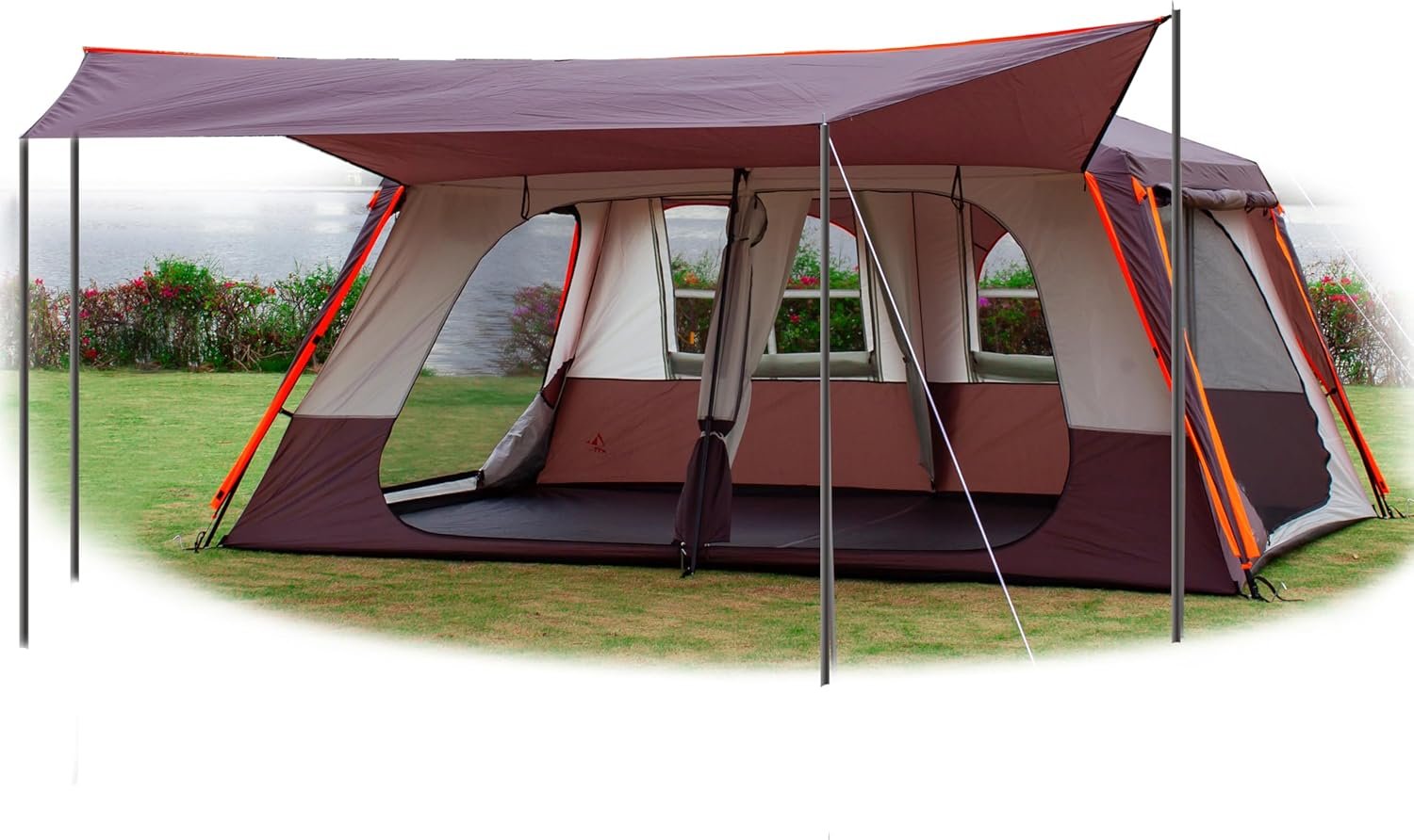 Extra Large Tent 12 Person(A),Awning Family Cabin Tents,2 Rooms,3 Doors and 3 Windows with Mesh,Straight Wall,Waterproof,Double Layer,Big Tent for Outdoor,Picnic,Camping,Family Gathering。